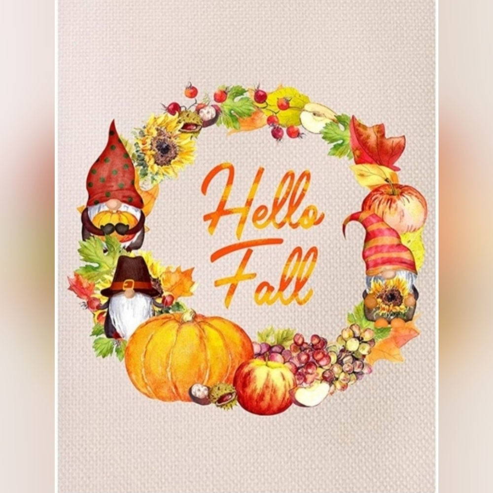 NEW Fall/Autumn Garden Flag "Hello Fall" - wreath w/gnomes  **SO CUTE**